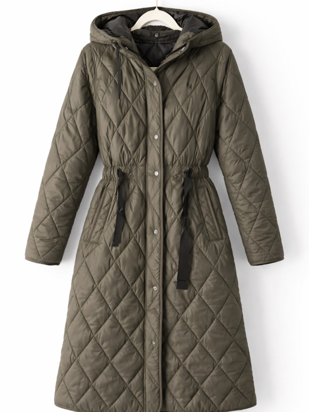 Zara Quilted Hooded Coat Olive Green Long Puffer Jacket XS Lightweight Belted